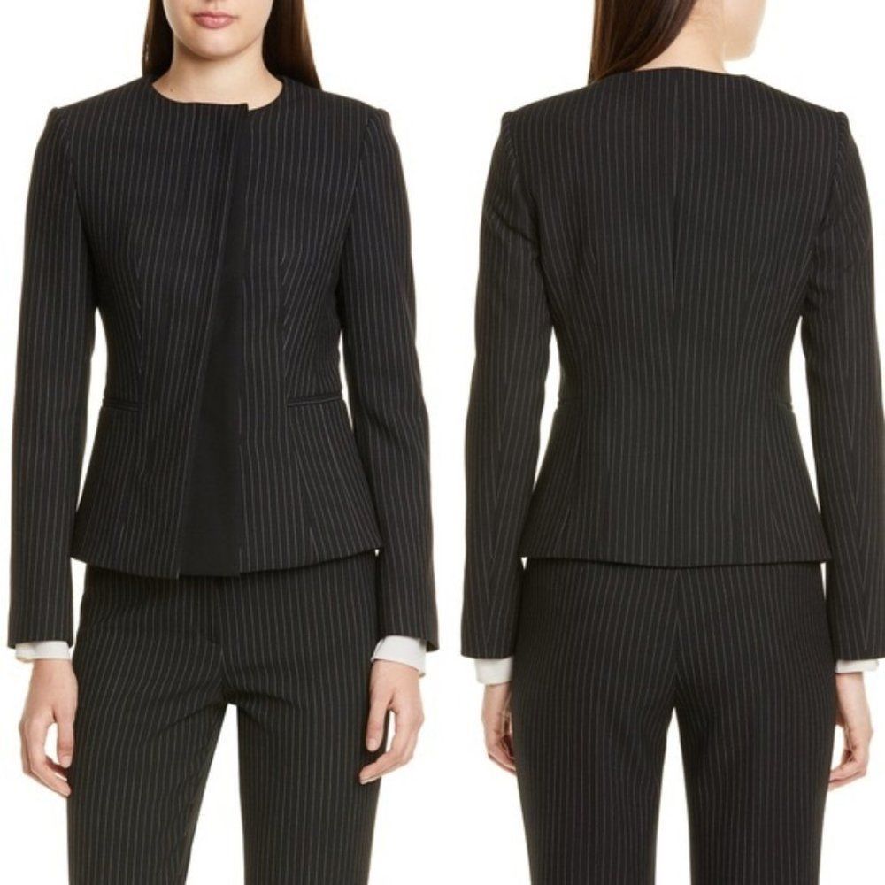 Hugo Boss Jadela Asymmetrical Blazer in Black Pinstripe Size: 6